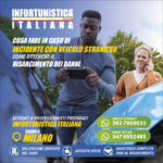 Advertising poster for Infortunistica Italiana: man using a device at a car crash scene with a concerned woman on the phone in the background.